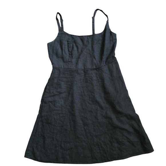 Old Navy Black Smocked Waist Linen Blend Mini Dress Womens Size M Indie Boho Y2K - Picture 2 of 9